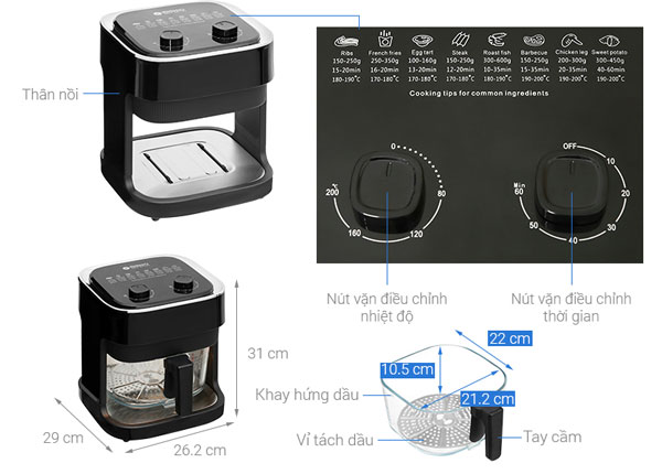 Cấu tạo của nồi chiên không dầu thủy tinh Mishio MK373 7 lít