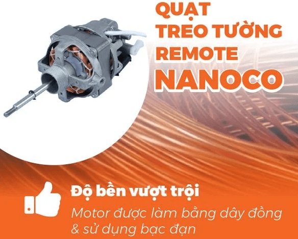 Quạt treo tường NWF1610RC của Nanoco được trang bị động cơ bạc đạn, lõi đồng
