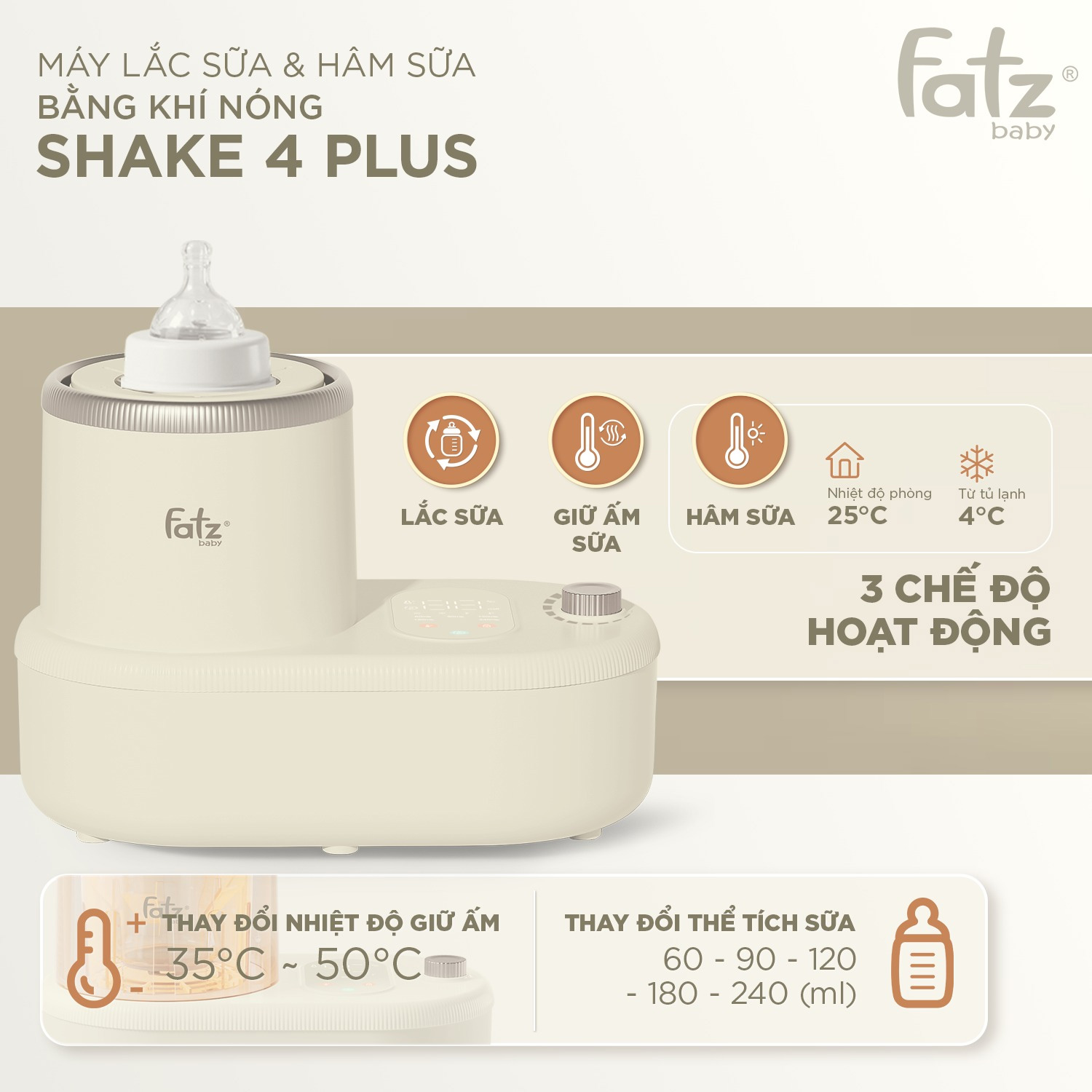 Máy lắc sữa và hâm sữa bằng khí nóng Fatzbaby Shake 4 Plus FB3968VN