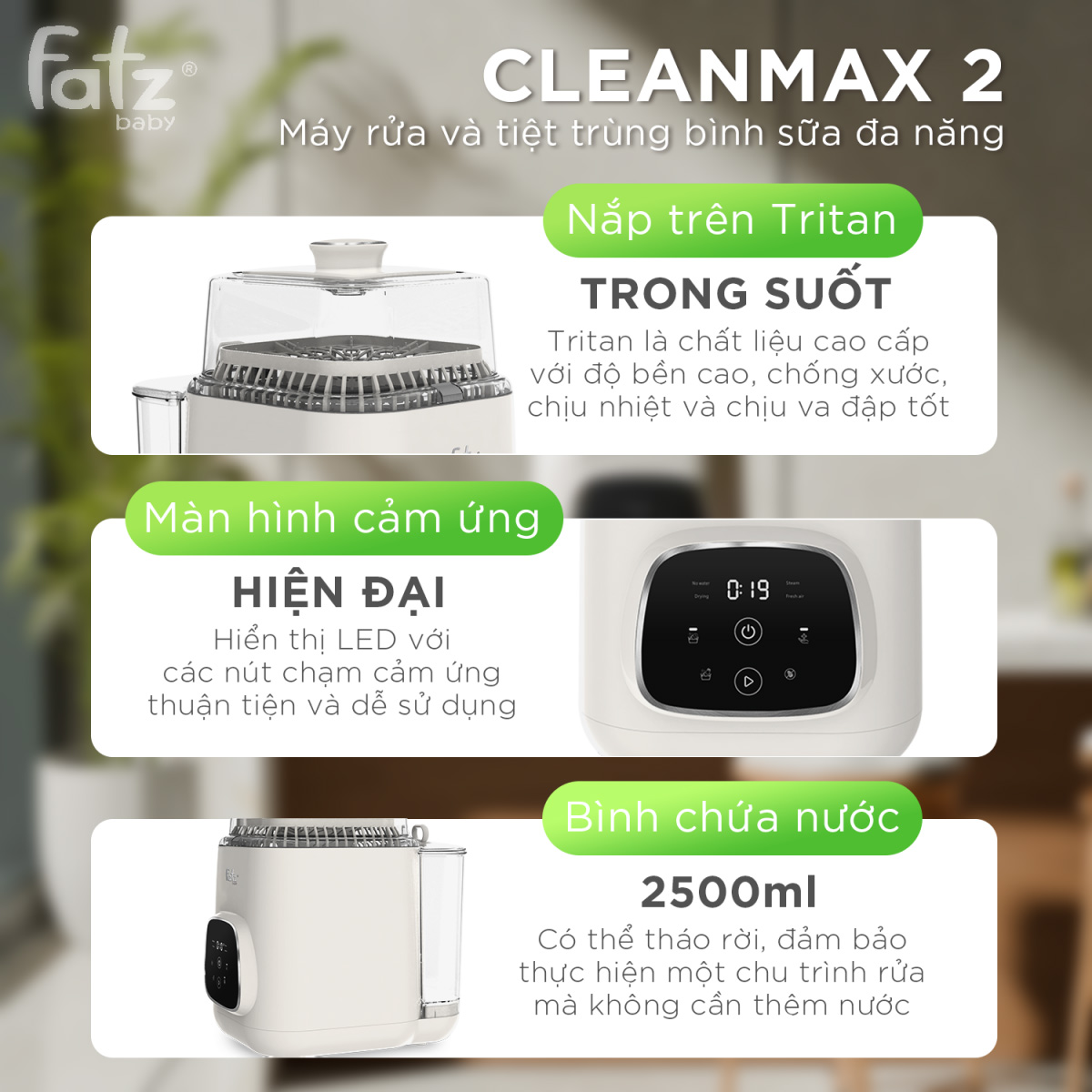 Máy tiệt trùng bình sữa Fatzbaby Cleanmax 2 FB8802MZ