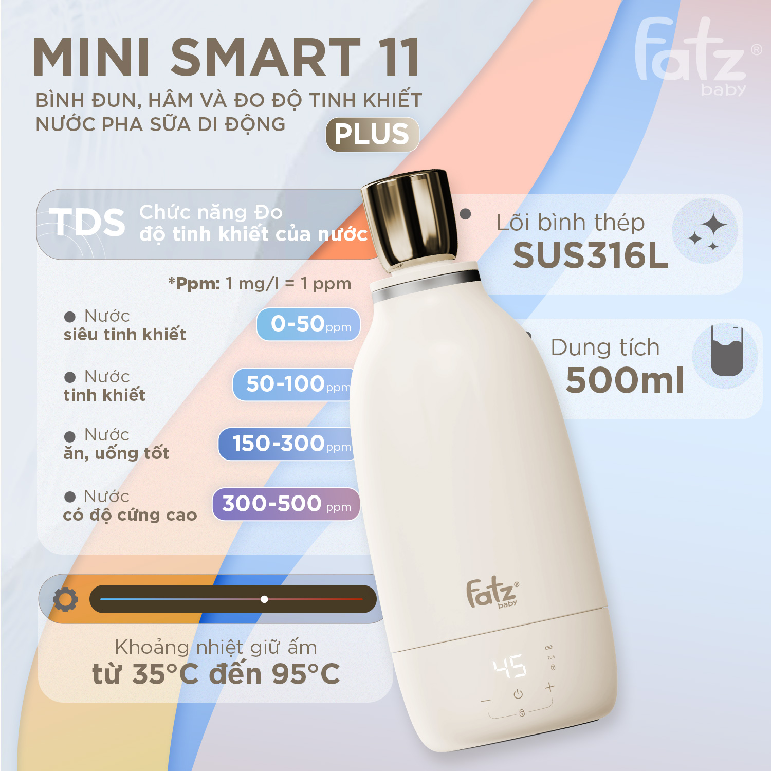 Bình đun, hâm và đo độ tinh khiết nước pha sữa di động Mini Smart 11 Plus FB3804FD