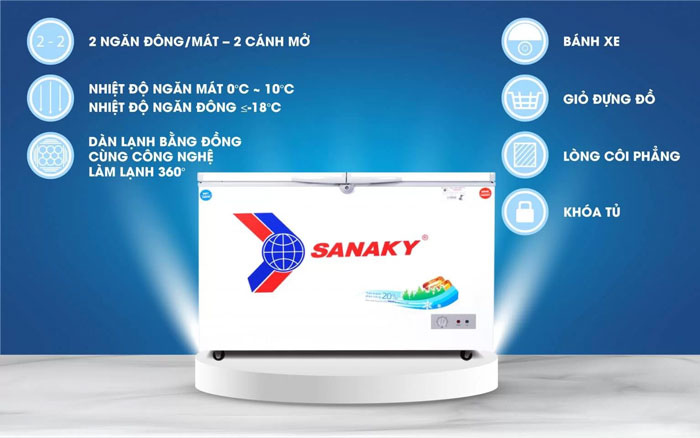 Mẫu tủ đông Sanaky 4099W1N này được thiết kế với 2 cánh, 2 ngăn chứa