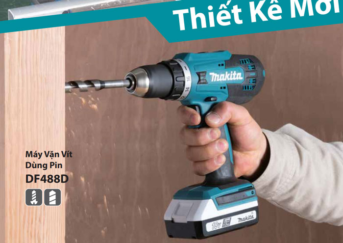 máy khoan và vặn vít dùng pin Makita DF488DWAE có khả năng khoan, vặn vít hiệu quả, nhanh chóng