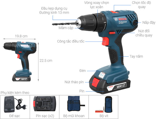 Cấu tạo của máy khoan vặn vít dùng pin 18V Bosch GSR 185-LI 06019K30K1
