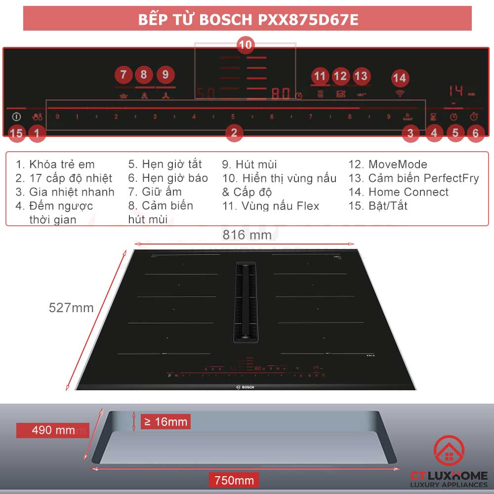 Bếp từ 4 vùng nấu kết hợp hút mùi Bosch PXX875D67E serie 8