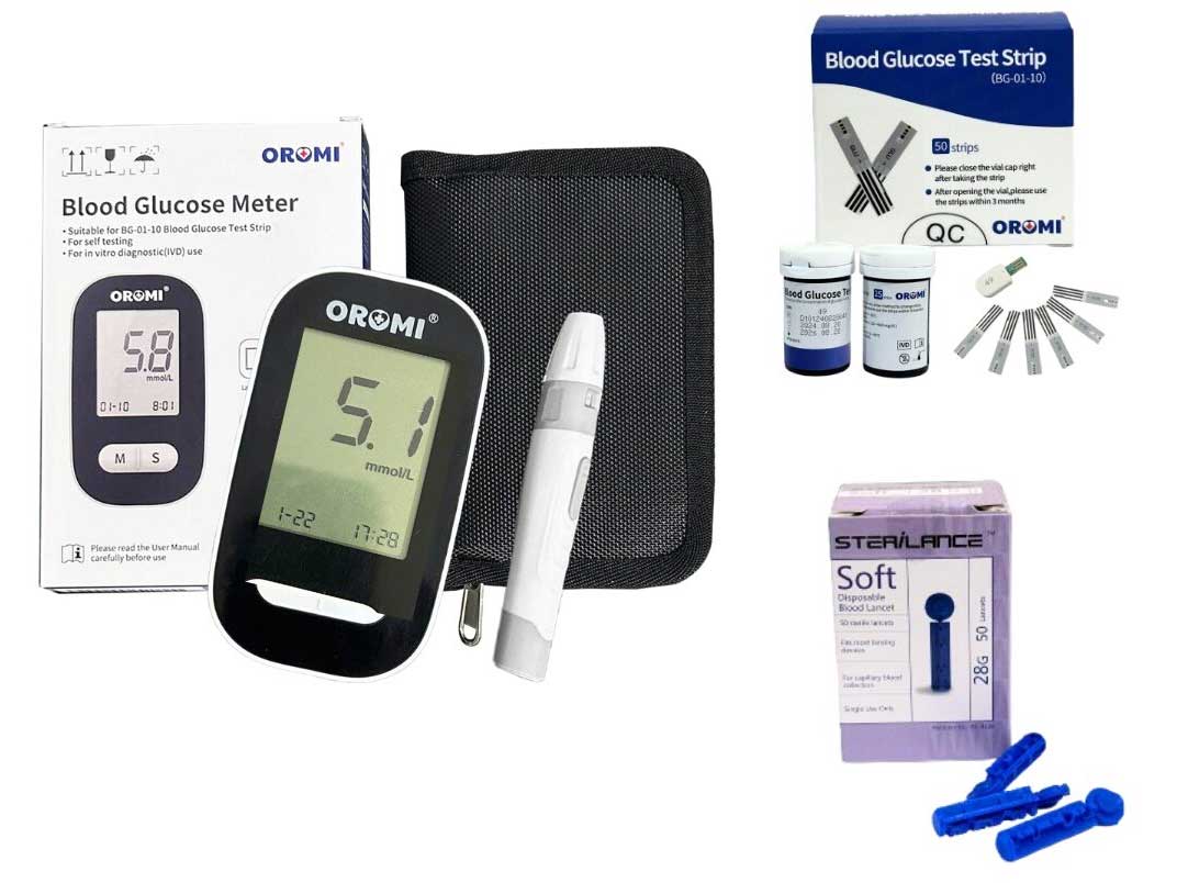 Trọn bộ máy đo đường huyết Oromi CMS10A (50 que, 50 kim)