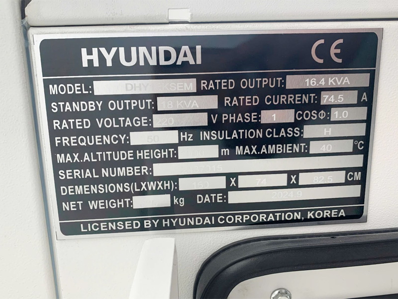 Bảng thông số Máy phát điện 16KW/16 KVA 1 pha Hyundai DHY18KSEm