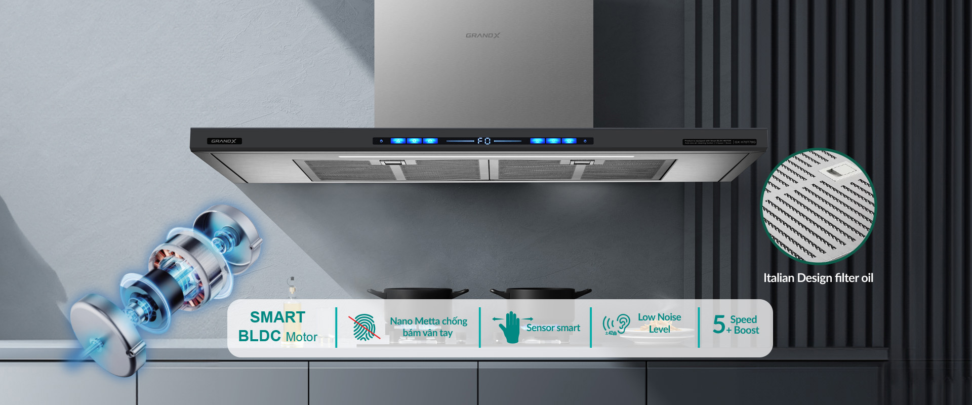 Máy hút mùi áp tường chữ T GrandX GX H90T78G