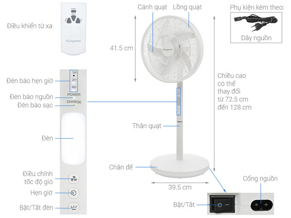 Cấu tạo, kích thước của quạt sạc Kangaroo KG739