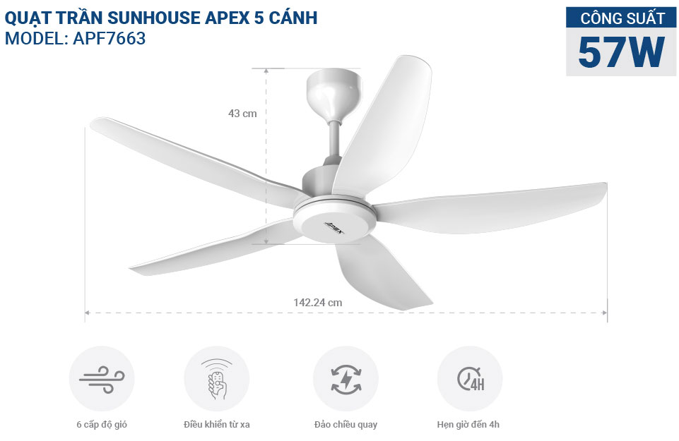 Quạt trần 5 cánh Sunhouse APEX APF7663