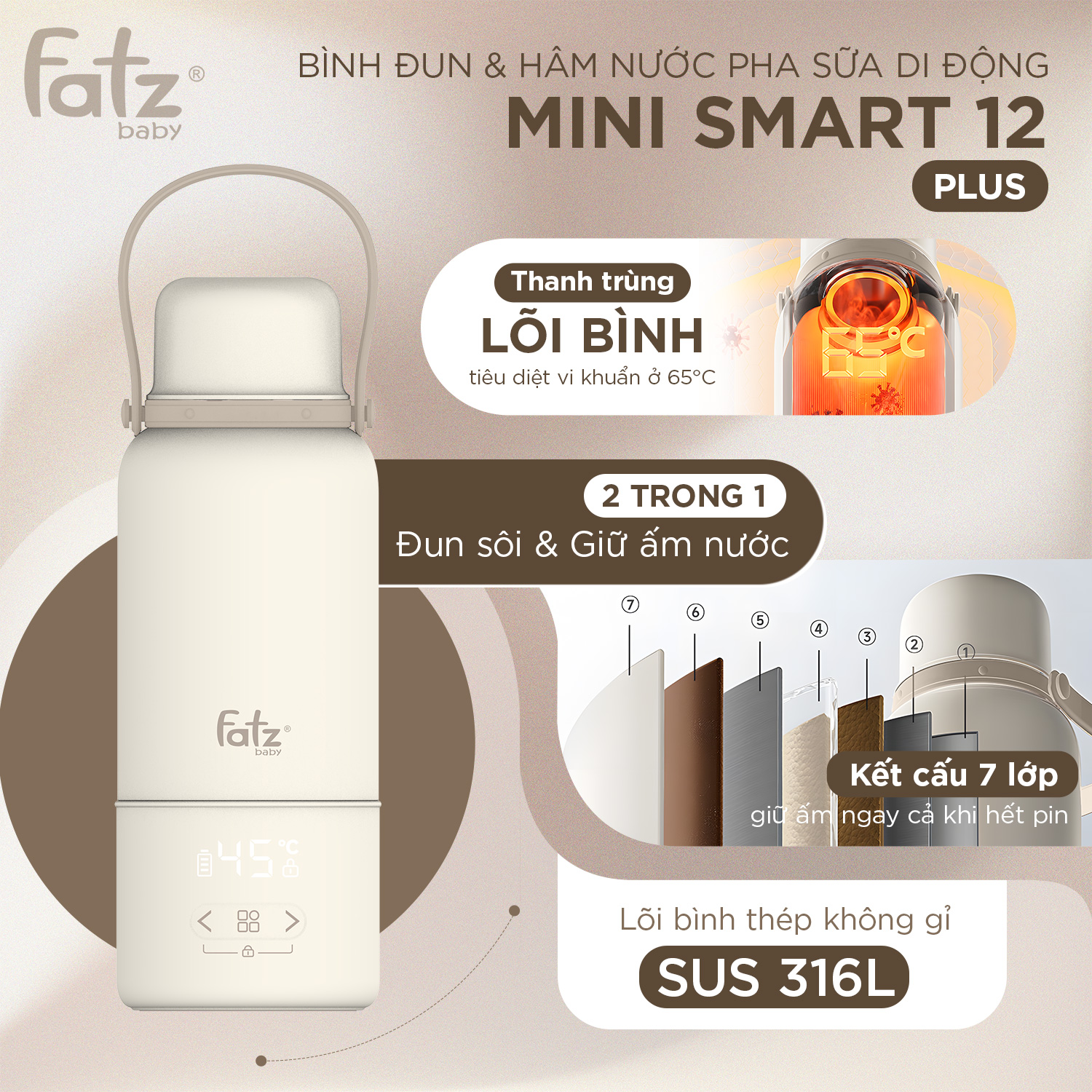 Bình đun và hâm nước pha sữa di động Mini Smart 12 Plus