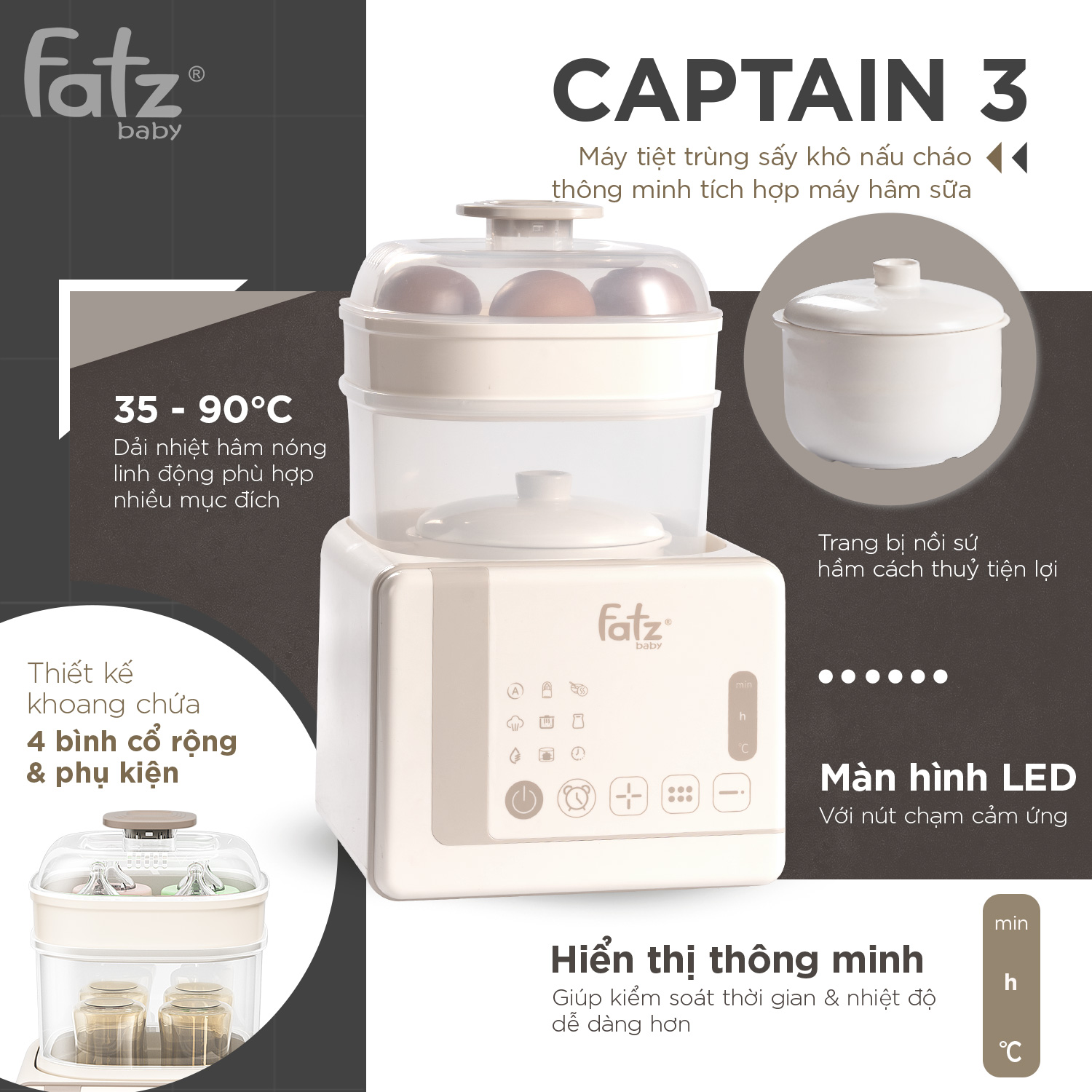 Máy tiệt trùng sấy khô nấu cháo thông minh tích hợp máy hâm sữa Captain 3 - FB4326SL