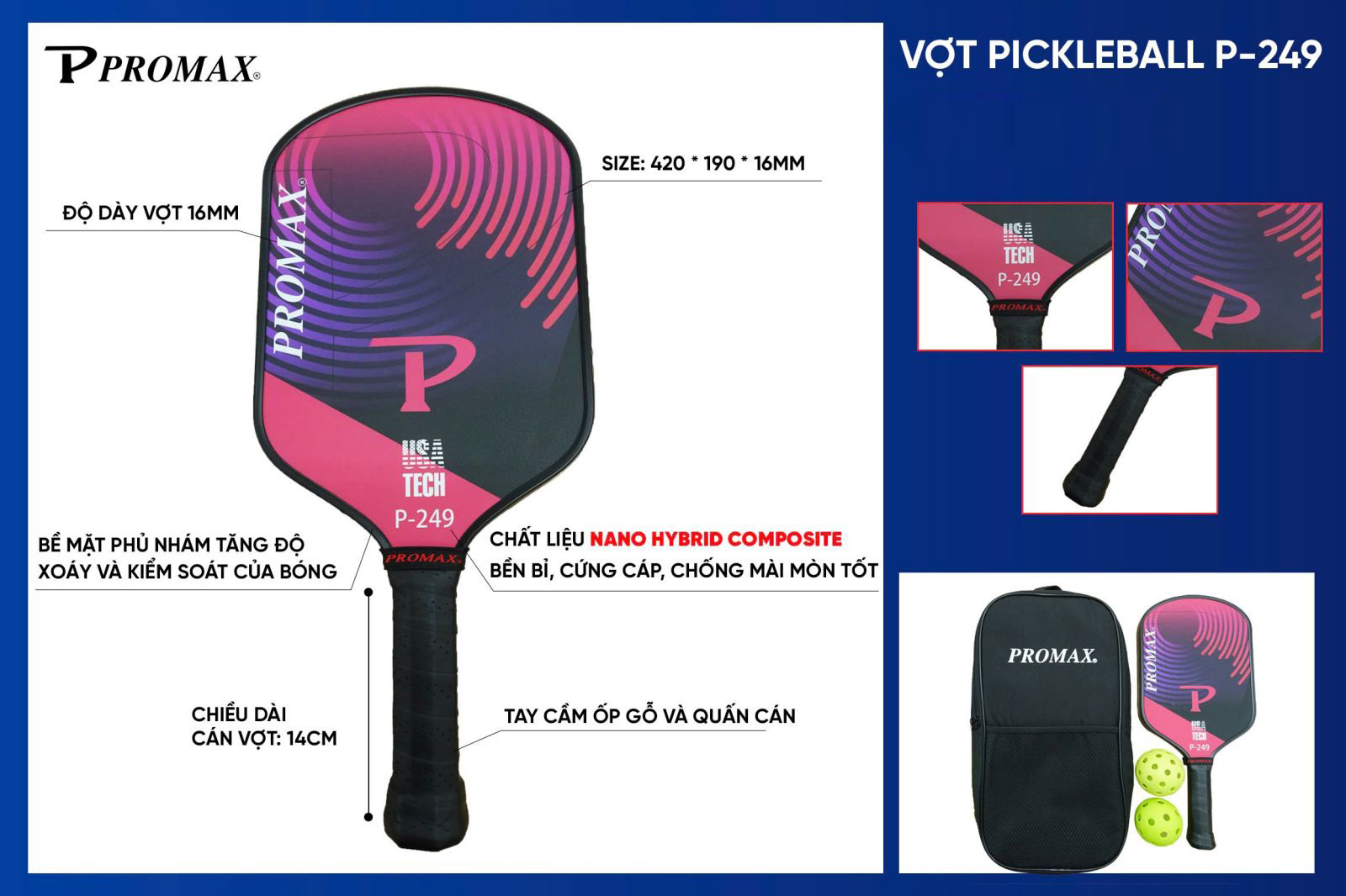 Bộ vợt pickleball Promax P-249 (gồm 2 vợt + 4 bóng + 1 túi)
