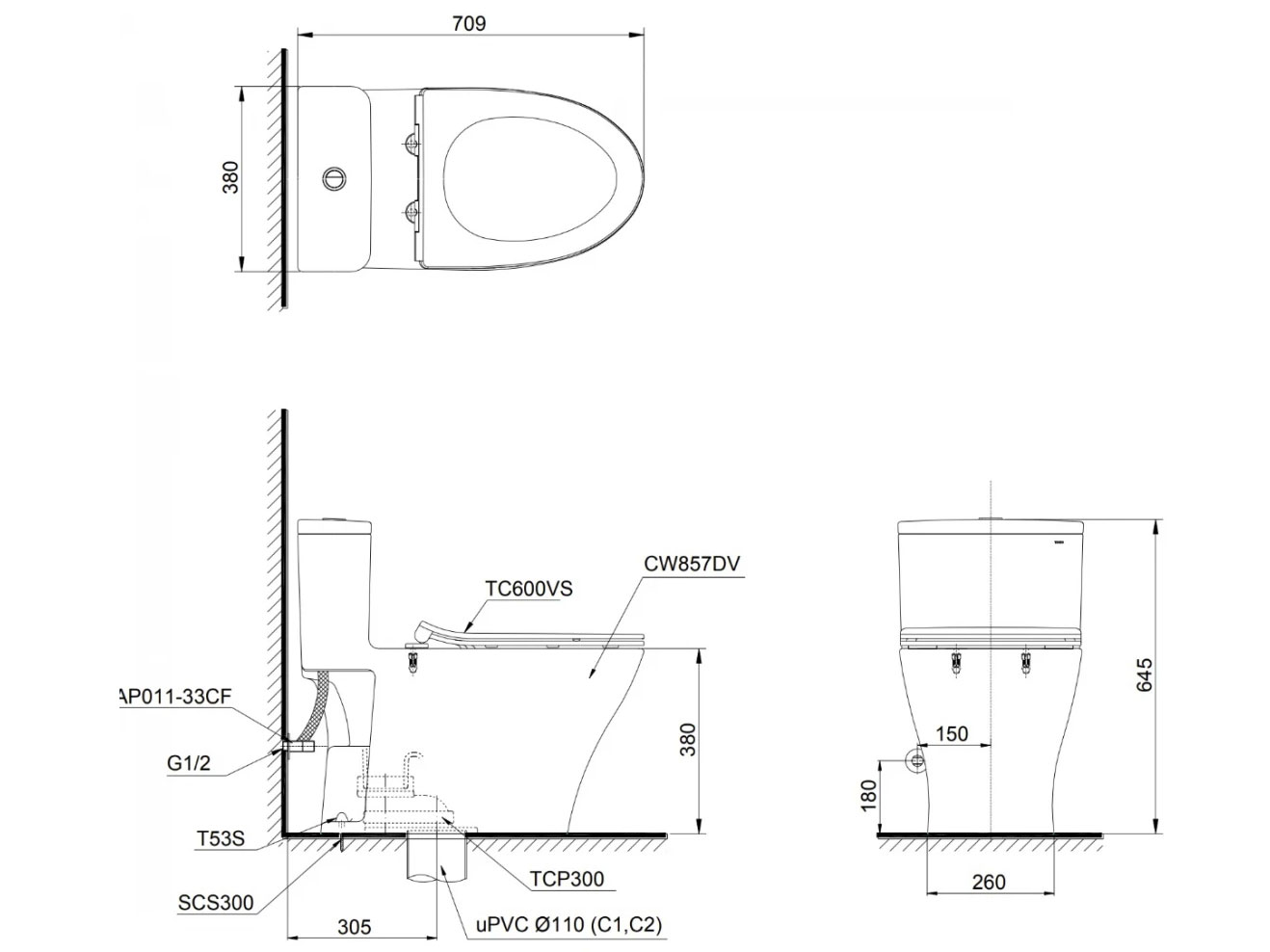 Bồn cầu 1 khối Toto MS857DT2 nắp TC393VS 
