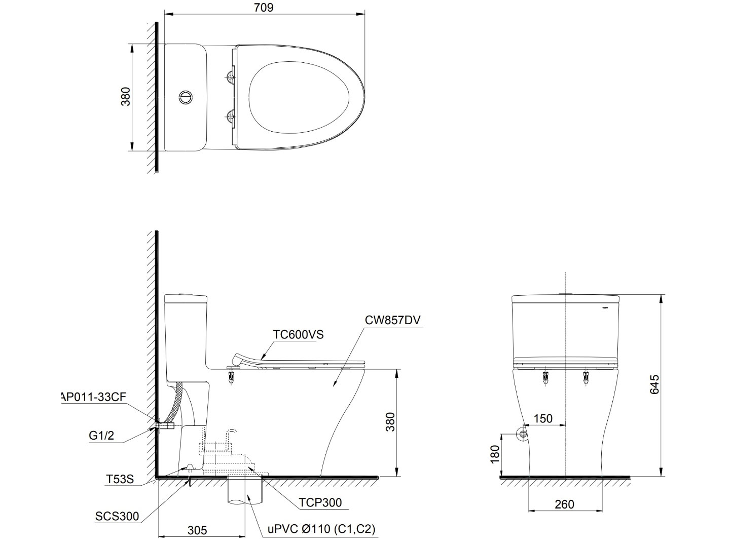 Bồn cầu Toto MS636DT8 1 khối nắp TC600VS
