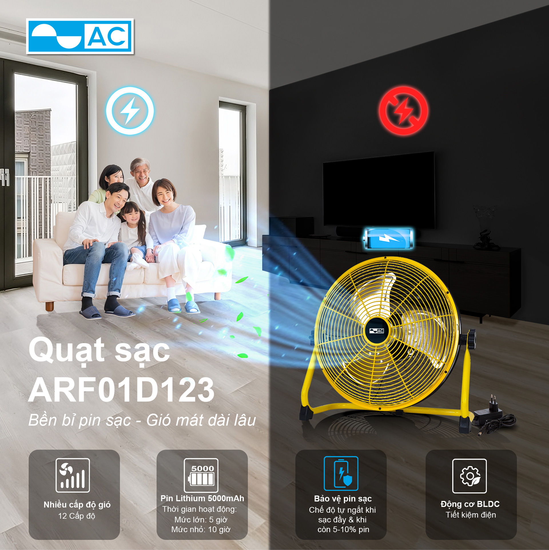 Quạt sạc điện AC 3 cánh ARF01D123 12W