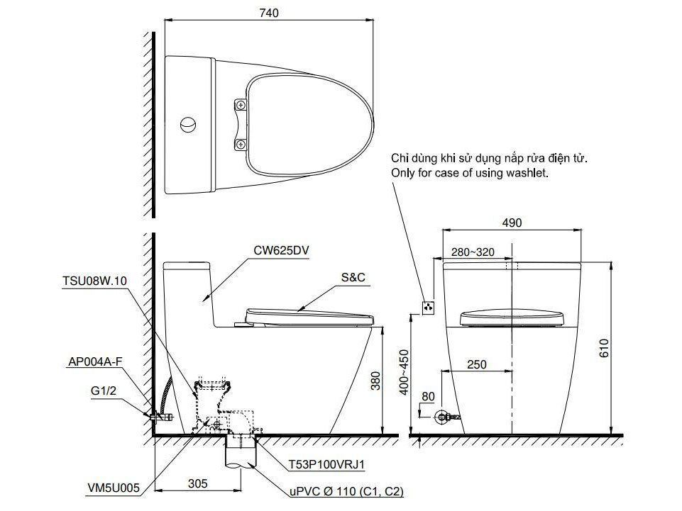 Bồn cầu Toto MS625DW1 