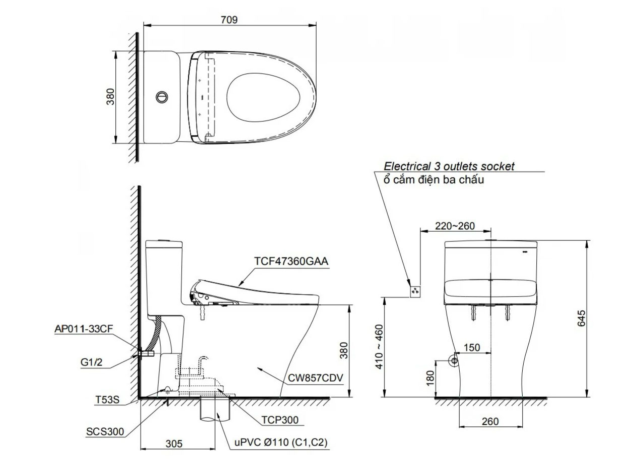 Bồn cầu điện tử Toto MS857CDW23 nắp rửa Washlet TCF47360GAA S7 giấy dây