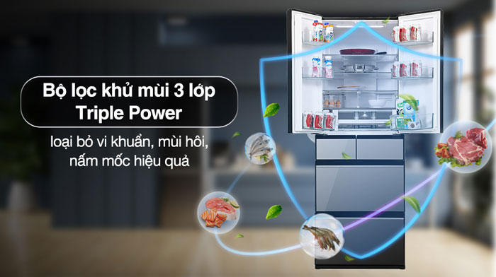 Tủ lạnh Hitachi Inverter 540 lít R-HW540RV(X) cũng được tích hợp bộ lọc 3 lớp Triple Power