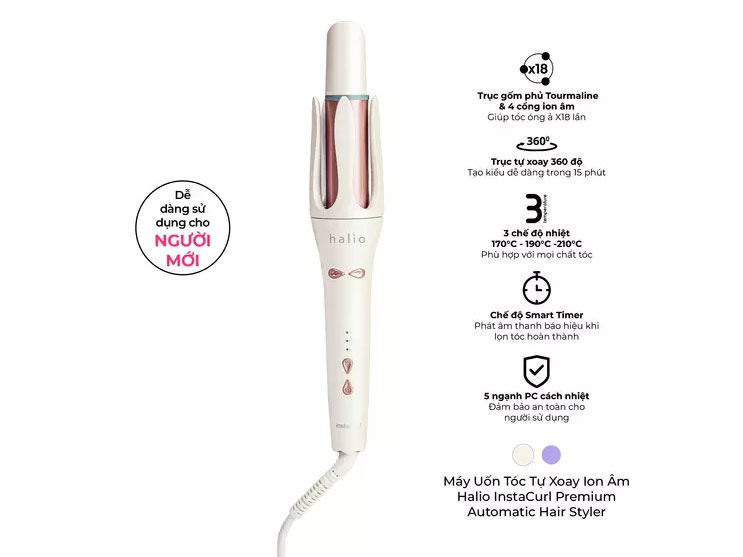 Máy uốn tóc tự xoay ion âm Halio instaCurl Premium Automatic Hair Styler Periwinkle