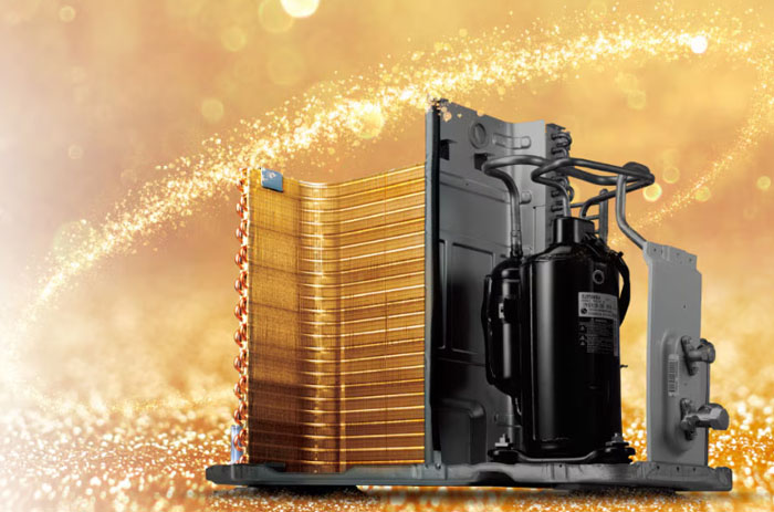Dàn tản nhiệt của máy điều hòa LG IEC12G1 được phủ lớp mạ vàng gold fin đặc biệt, bảo vệ bề mặt khỏi quá trình ăn mòn
