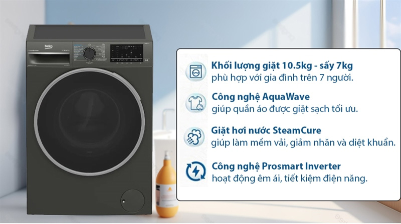 Máy giặt sấy Beko 10.5kg B3DFT5105472M