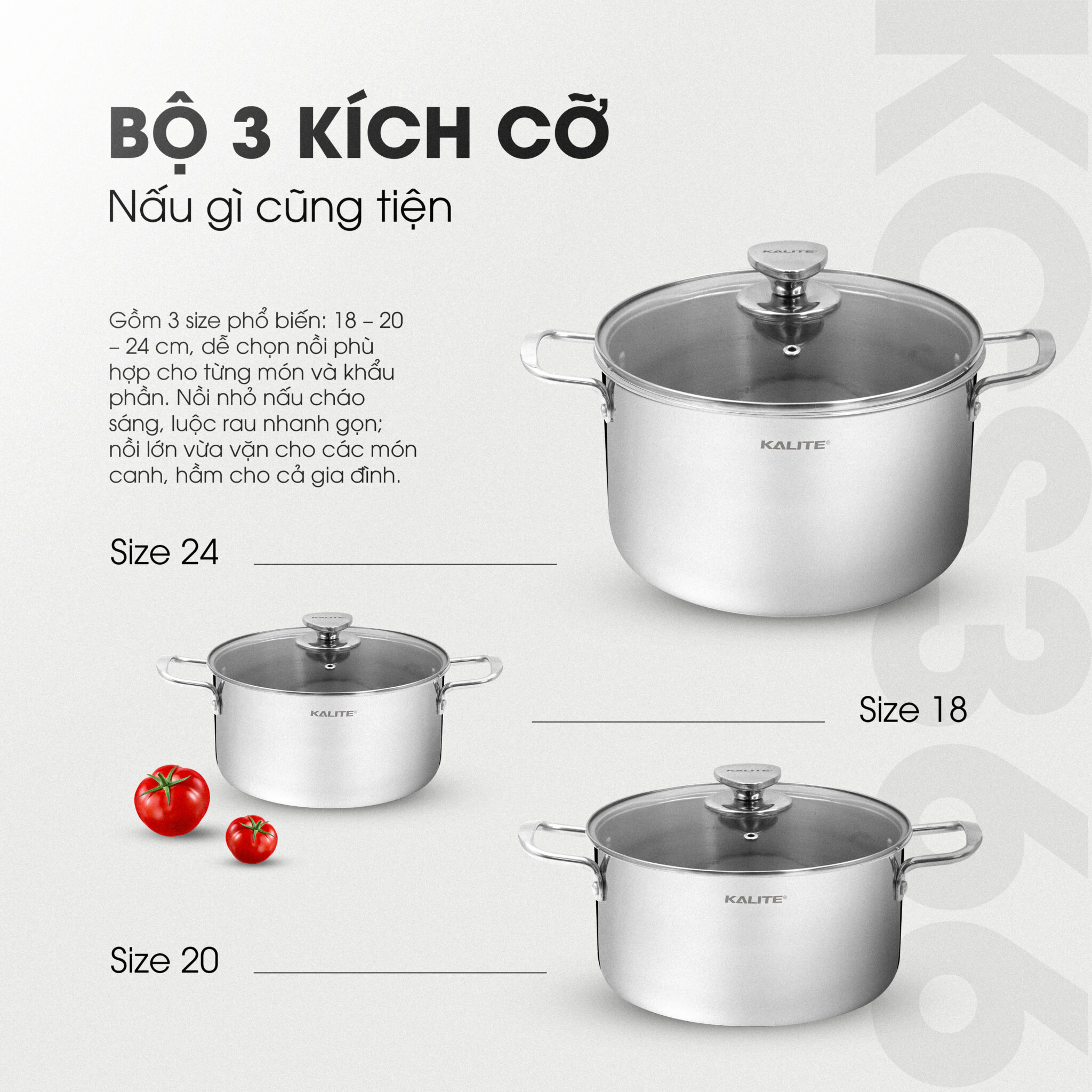 Bộ 3 nồi inox liền khối Kalite