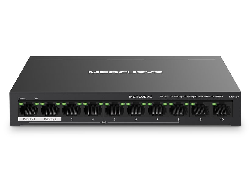 Switch chia mạng Mercusys MS110P (10 cổng 10/100Mbps với 8 cổng PoE+, vỏ kim loại)