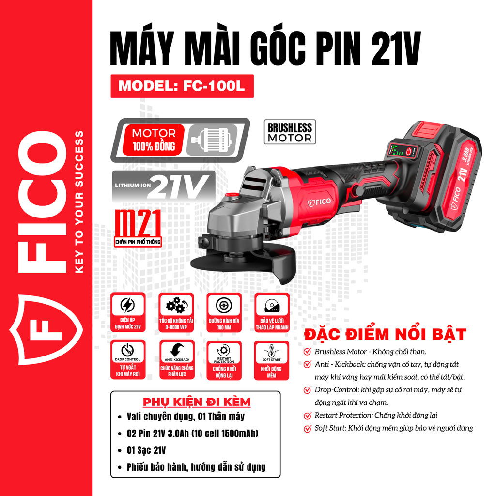 Máy mài góc dùng pin 21V Fico FC-100L 