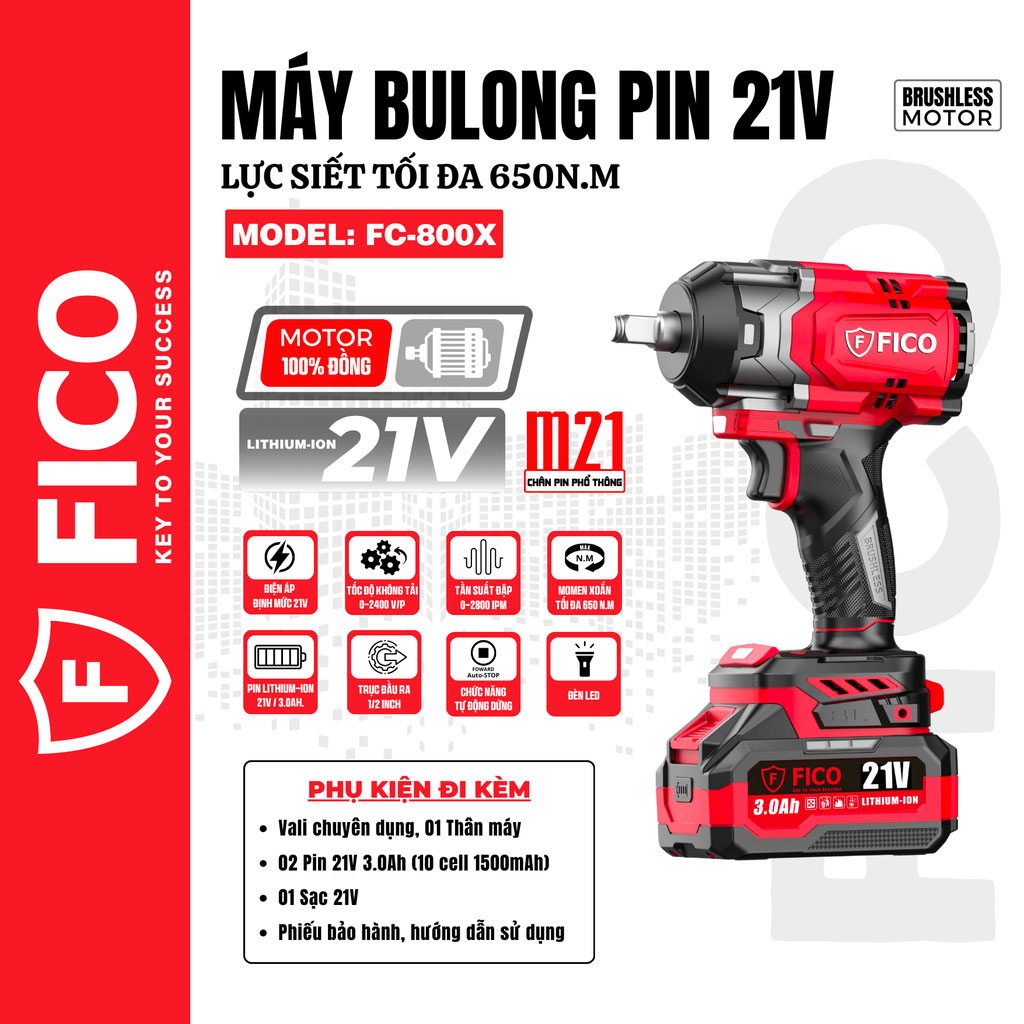 Máy siết bu lông 21V Fico FC-800X