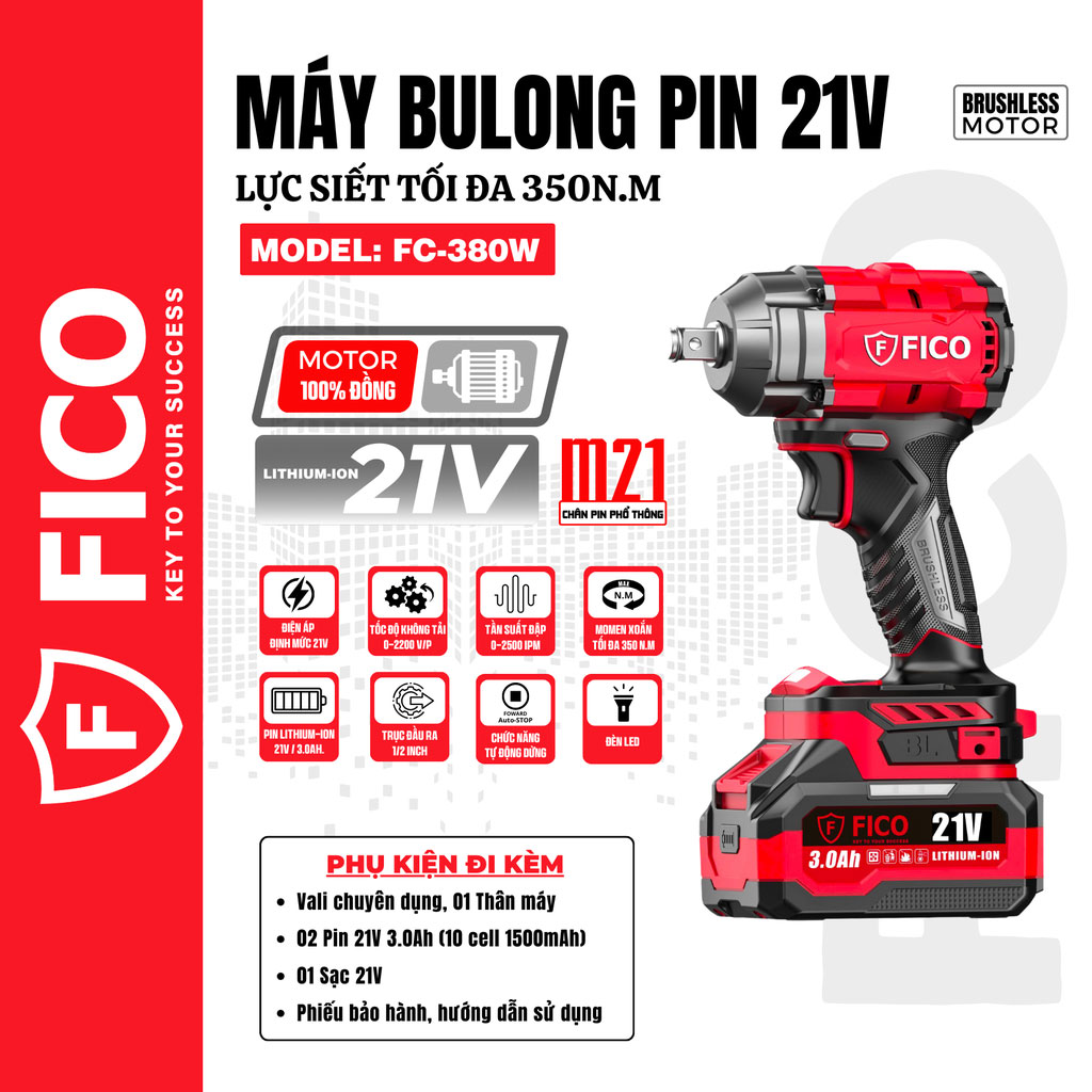 Máy siết bu lông dùng pin 21V Fico FC-380W