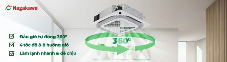 Điều hòa âm trần Nagakawa NT-C36R1U16 có thiết kế cửa gió thổi 360 độ giúp hơi lạnh được lan tỏa đồng đều