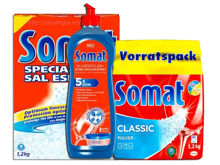 Bộ 3 món gồm bột, muối, nước làm bóng Somat chuyên dụng cho máy rửa chén bát