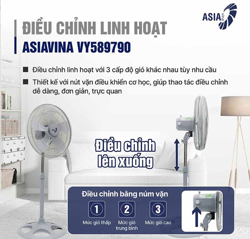 Quạt đứng bán công nghiệp Asiavina VY589790 có 3 tốc độ gió khác nhau