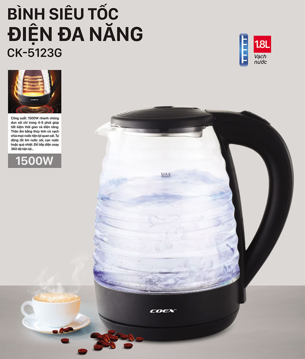 Ấm siêu tốc thủy tinh 1.8L Coex CK-5123G