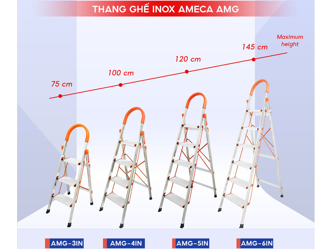Thang ghế inox tay vịn 3 bậc Ameca AMG-3IN