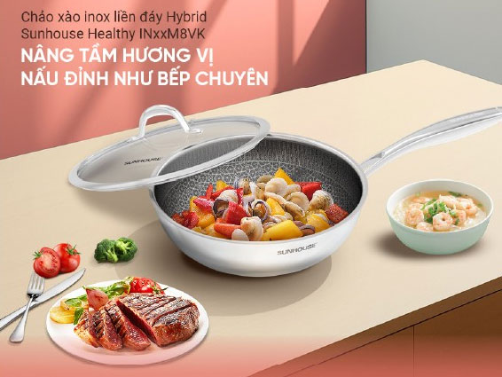 Chảo xào inox liền đáy Hybrid Sunhouse Healthy IN28M8VK