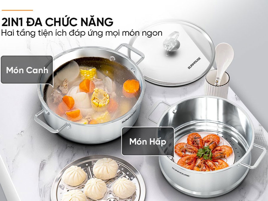 Bộ nồi xửng 3 đáy Sunhouse SHG507-24C