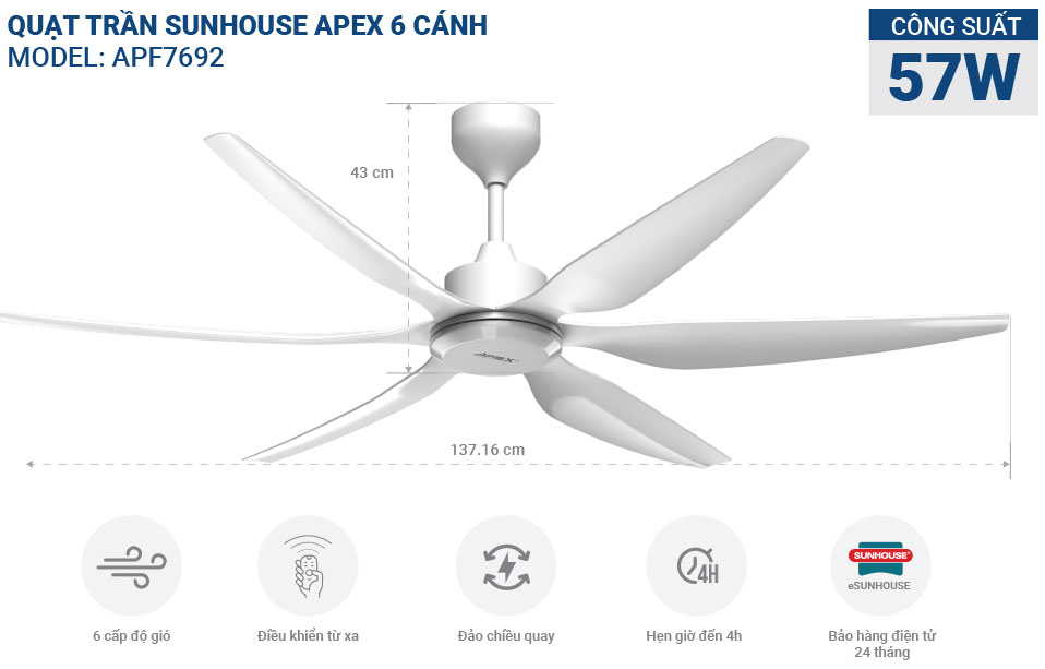 Quạt trần 6 cánh Sunhouse APEX APF7692
