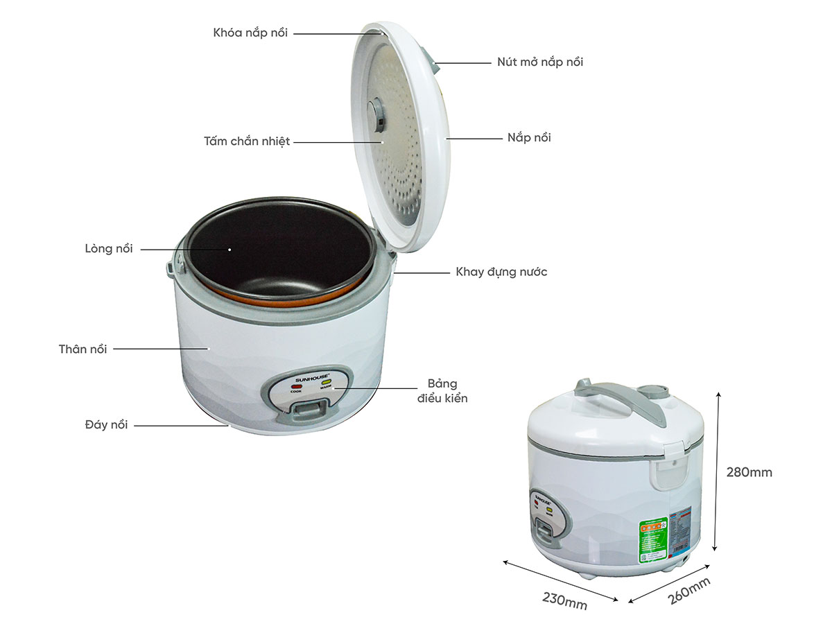 Cấu tạo của nồi cơm điện Sunhouse SHD8602 