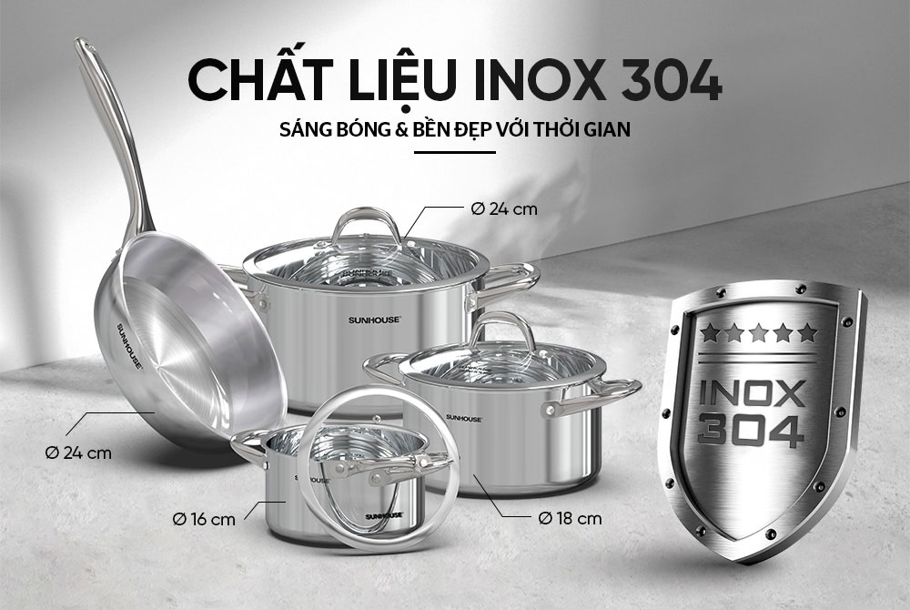 Bộ nồi chảo inox 304 Sunhouse SHG808