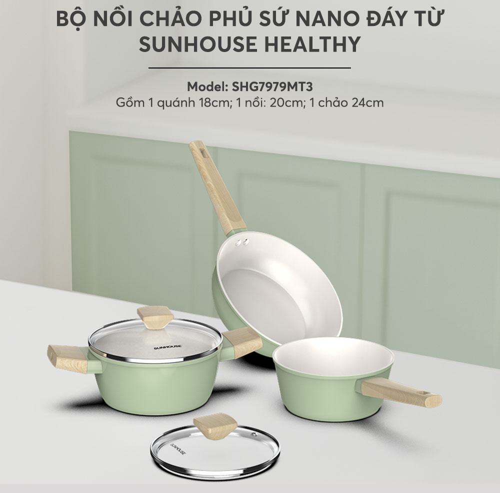 Bộ nồi phủ sứ Nano đáy từ Sunhouse Healthy SHG7979MT3