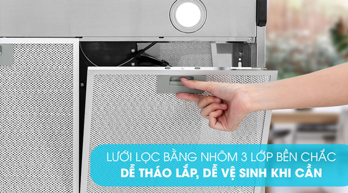 Máy hút mùi  Hafele HC-BI70B sử dụng lưới lọc bằng nhôm, có thể tháo ra để vệ sinh tiện lợi