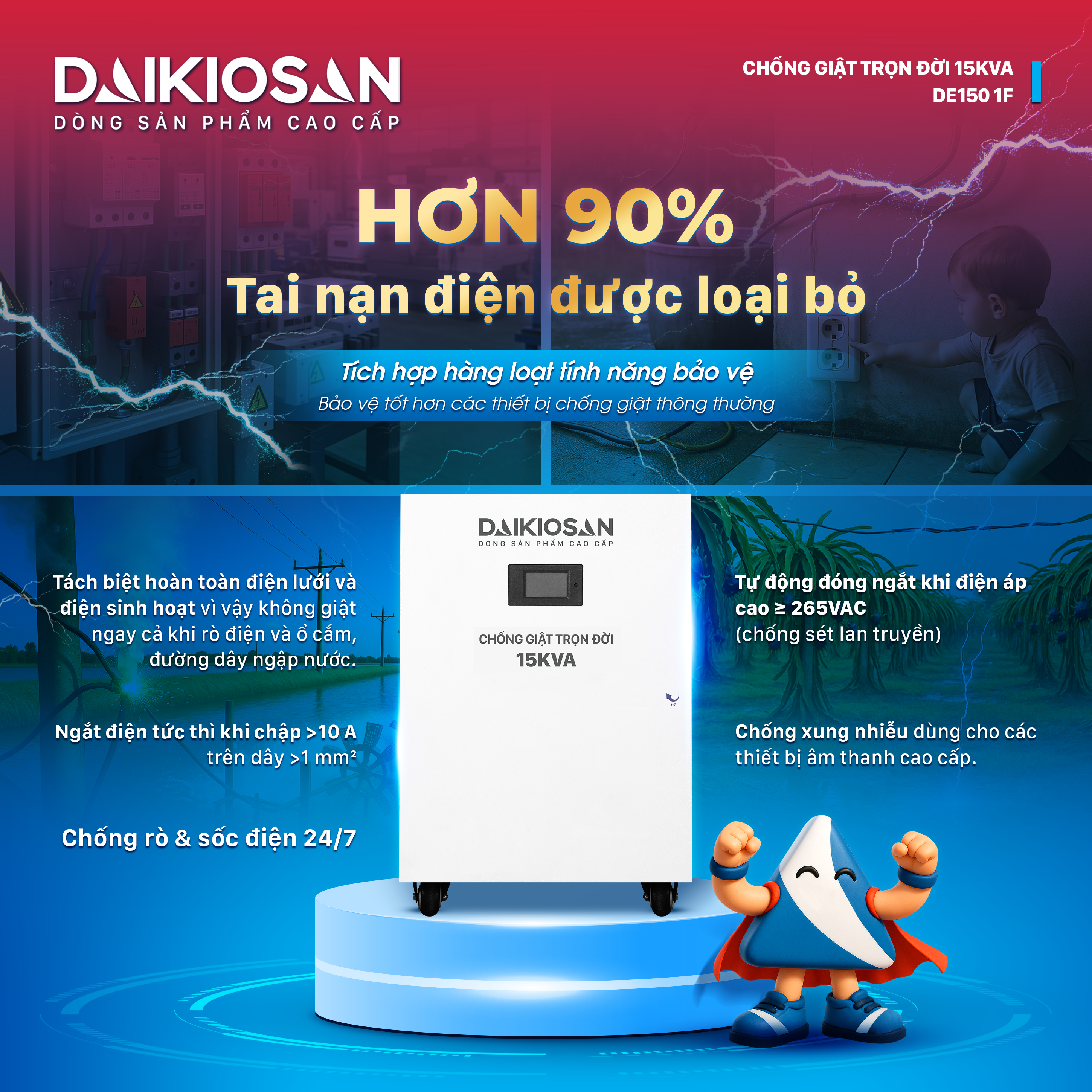 Chống giật DE150 1F chống rò, sốc điện, ngăn điện tức thì khi chập Chống giật DE150 1F