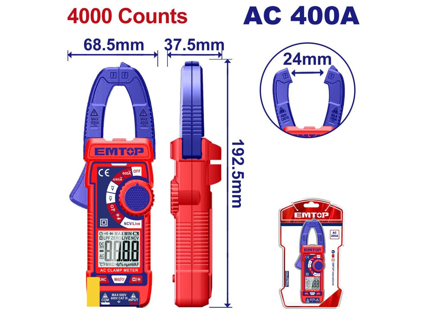 Đồng hồ kẹp AC kỹ thuật số Emtop EDMR762001
