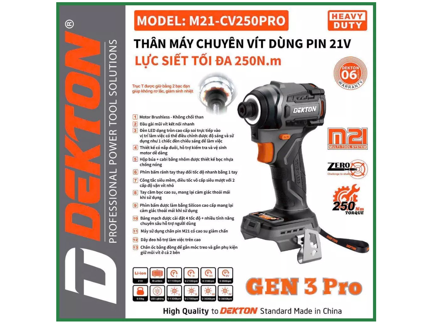 Thân máy vặn vít dùng pin 21V Dekton M21-CV250PRO 