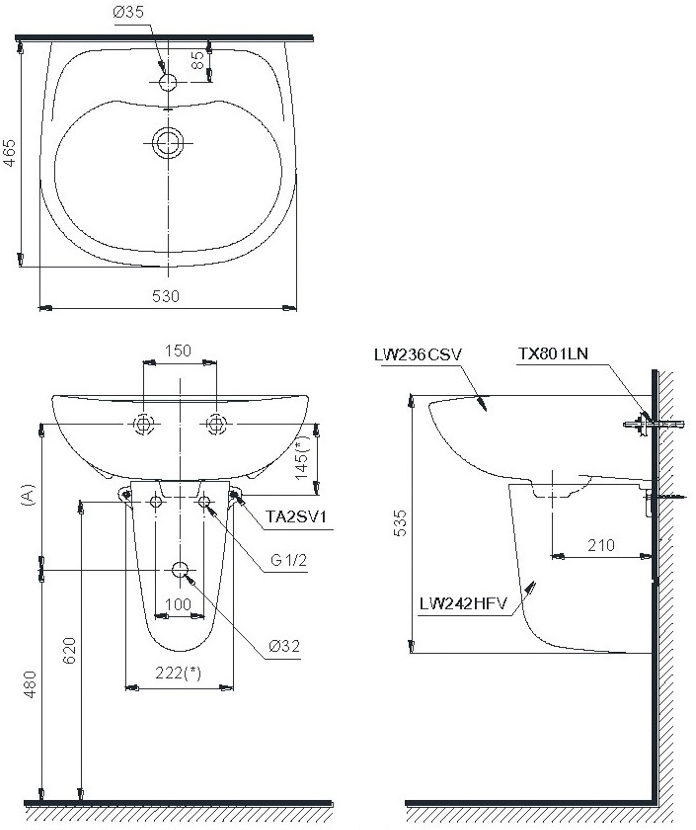 Bản vẽ kích thước chi tiết Chậu rửa mặt chân lửng Toto LHT236CS (530mm x 465mm)