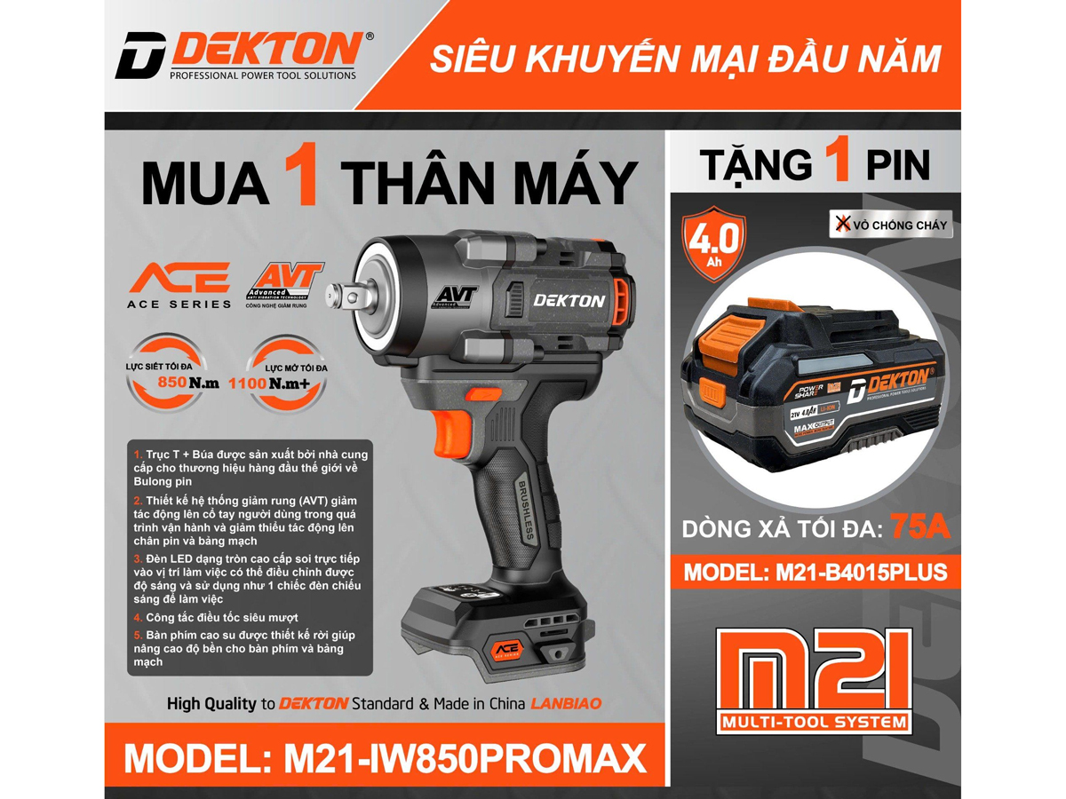 Thân máy vặn bu lông dùng pin 21V Dekton M21-IW850PROMAX