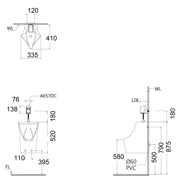 Bản vẽ kích thước chi tiết xả tiểu cảm ứng dùng pin Caesar A657DC-PW