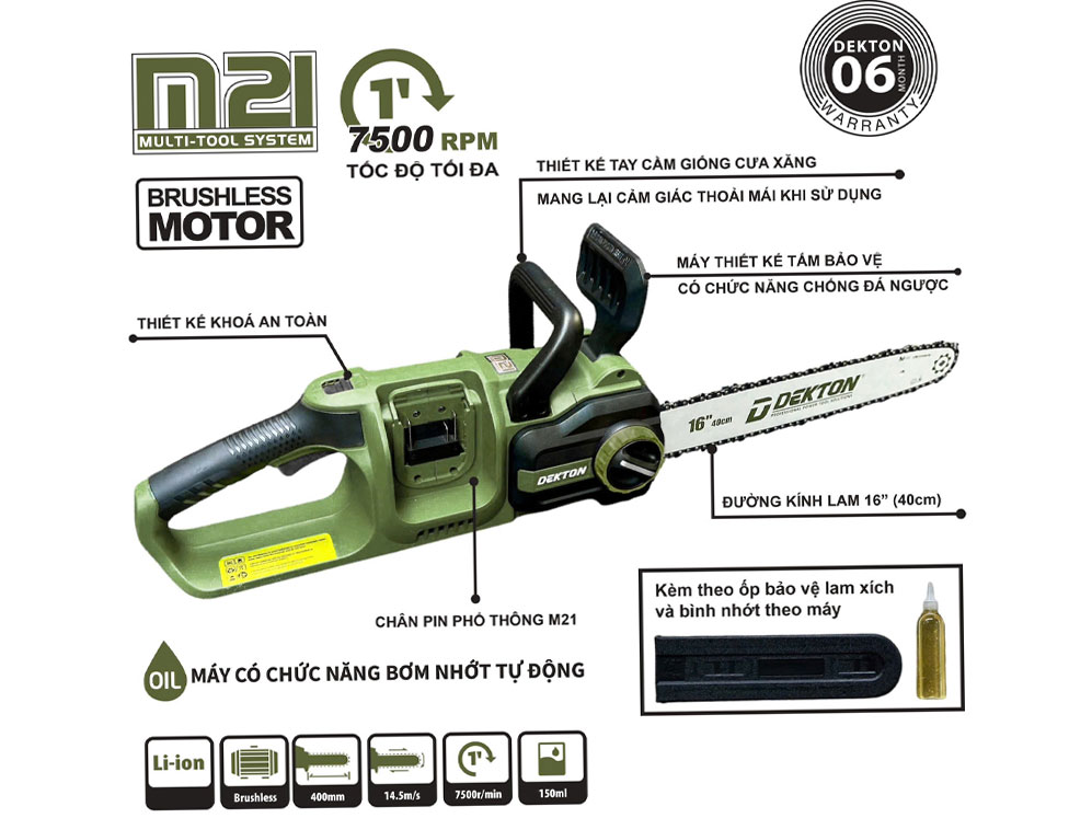 Máy cưa xích dùng pin 21V Dekton M21X2-CX16XPRO